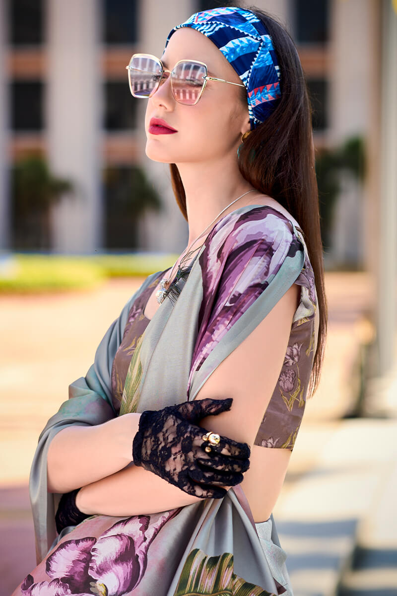 Next Ganeration Ash Grey Pure Satin Silk Digital Printed Saree