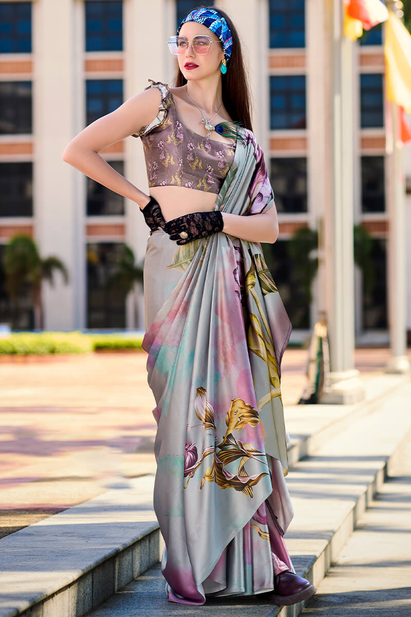 Next Ganeration Ash Grey Pure Satin Silk Digital Printed Saree