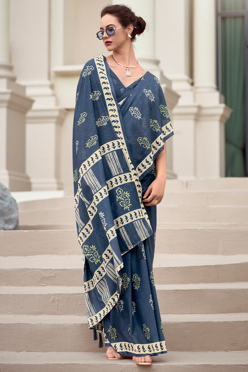 Resham Charcoal Blue Pure Mal cotton Printed Saree
