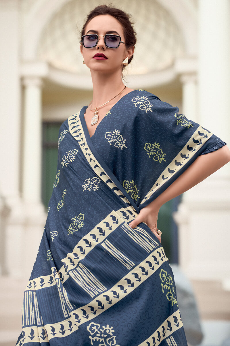 Resham Charcoal Blue Pure Mal cotton Printed Saree