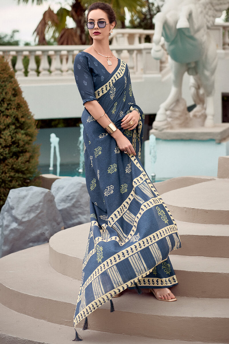 Resham Charcoal Blue Pure Mal cotton Printed Saree