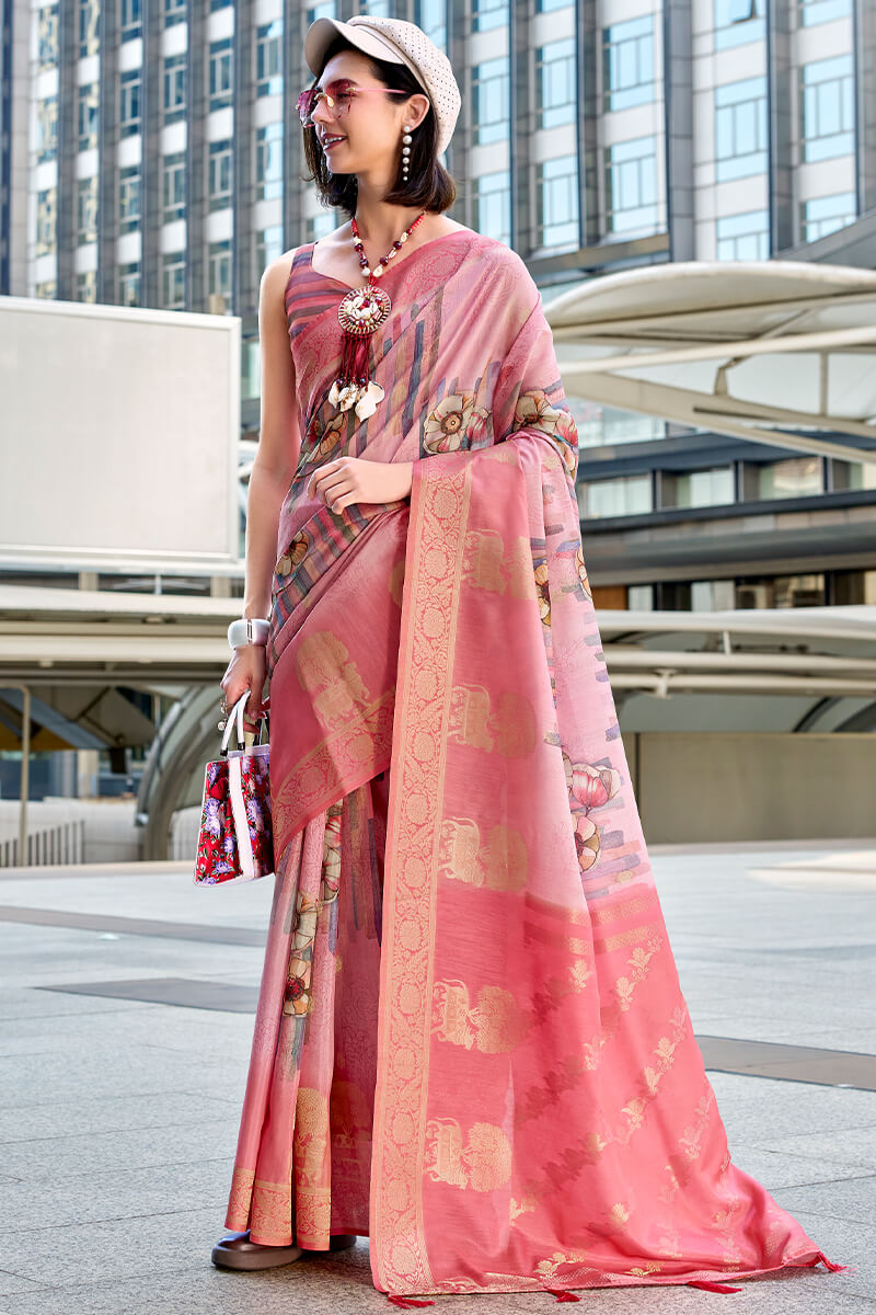 Pichwai Penoy Pink Modal Silk Digital Print Zari Weaving Saree