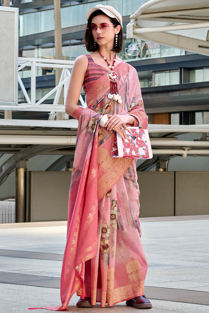 Pichwai Penoy Pink Modal Silk Digital Print Zari Weaving Saree