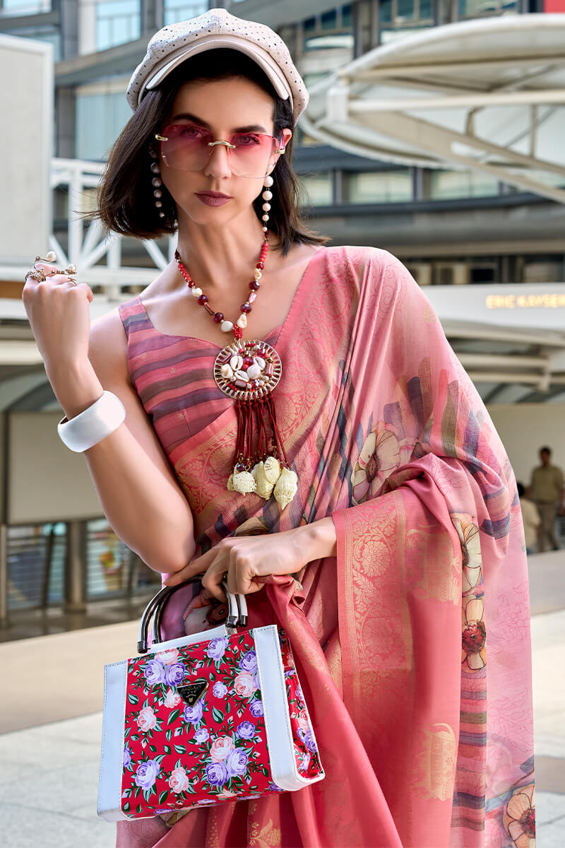 Pichwai Penoy Pink Modal Silk Digital Print Zari Weaving Saree