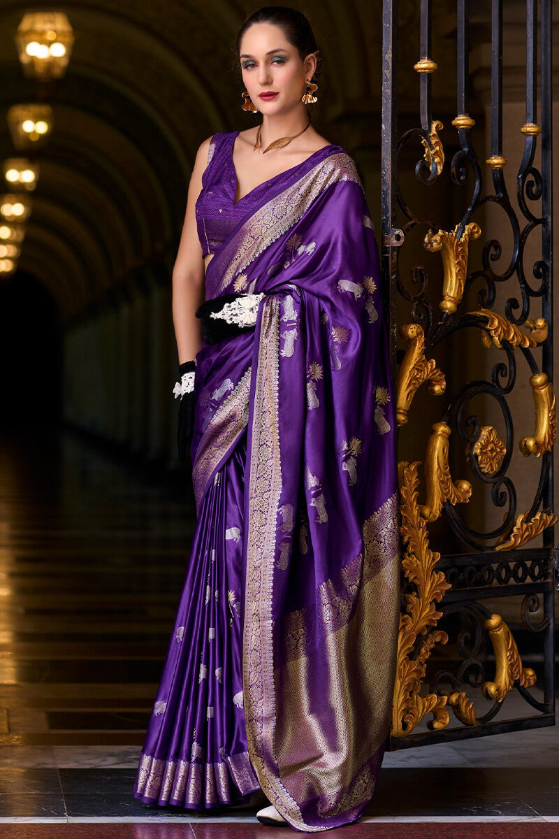 Mungha Purple Banarasi Satin Silk Zari Weaving Saree
