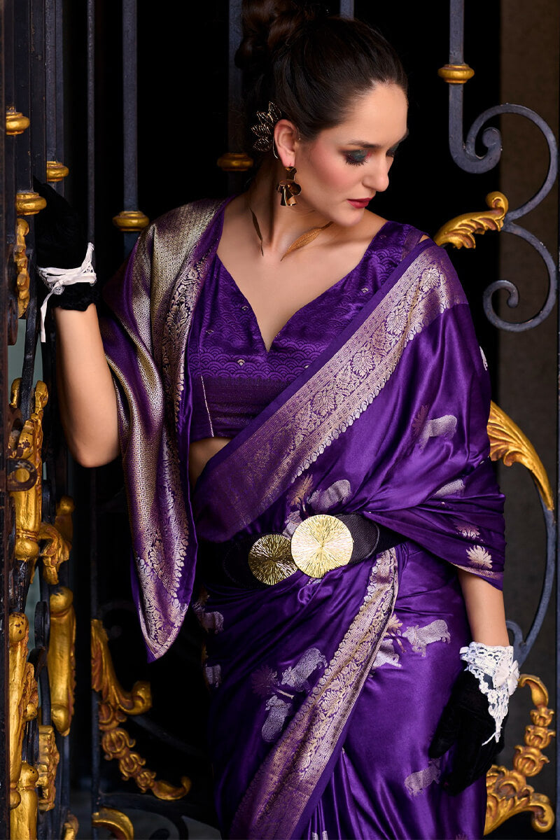 Mungha Purple Banarasi Satin Silk Zari Weaving Saree