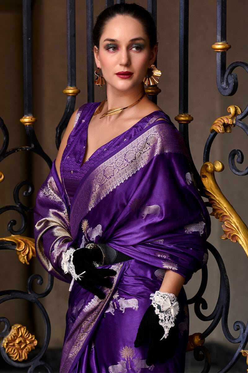 Mungha Purple Banarasi Satin Silk Zari Weaving Saree