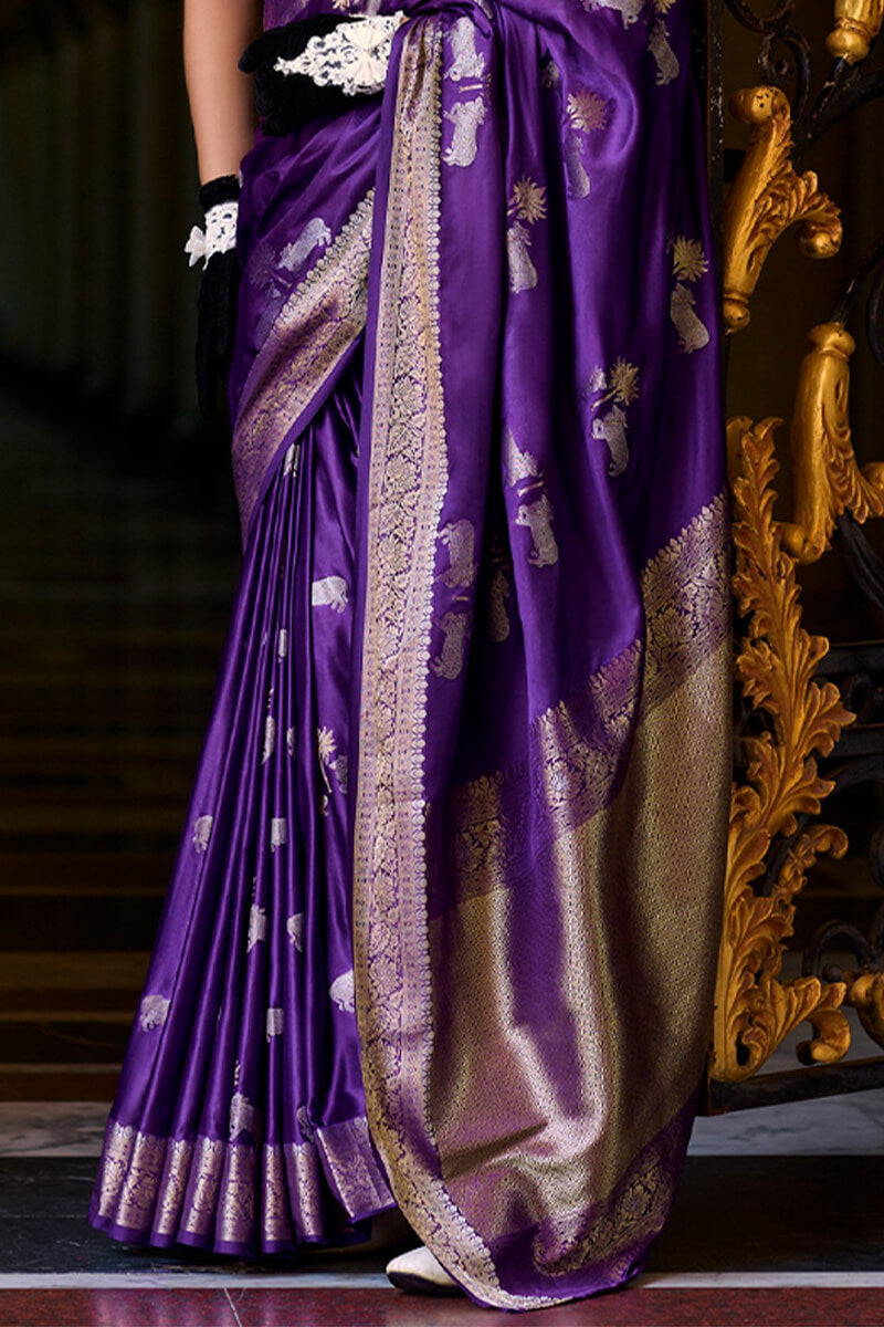 Mungha Purple Banarasi Satin Silk Zari Weaving Saree