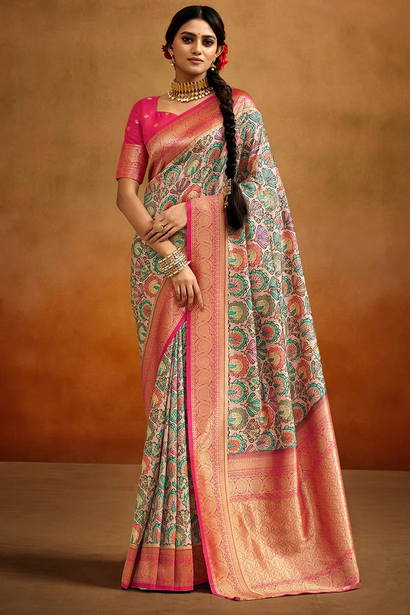 Moghra Russet Pink Banarasi Tussar Silk Woven Kalamkari Saree