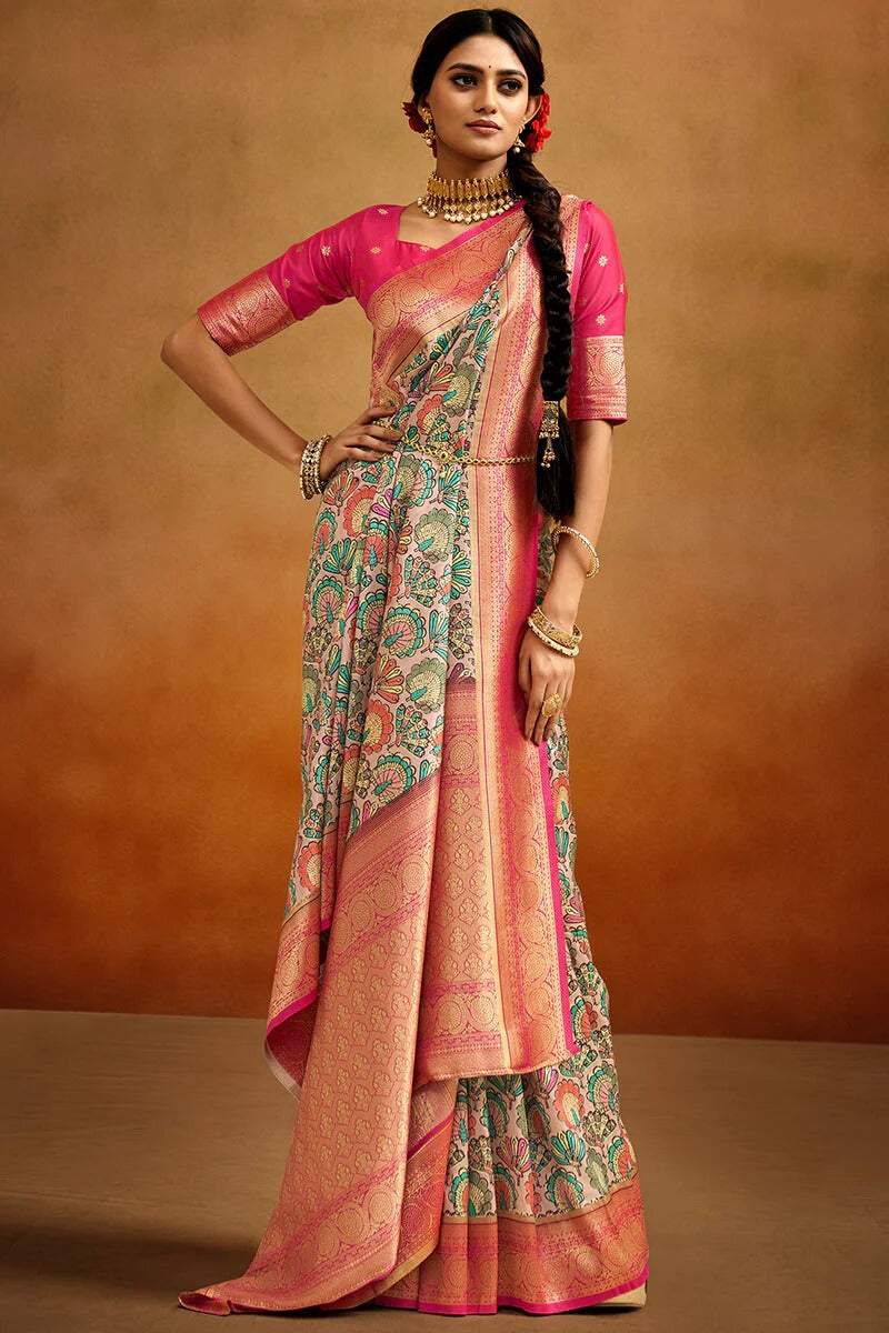 Moghra Russet Pink Banarasi Tussar Silk Woven Kalamkari Saree