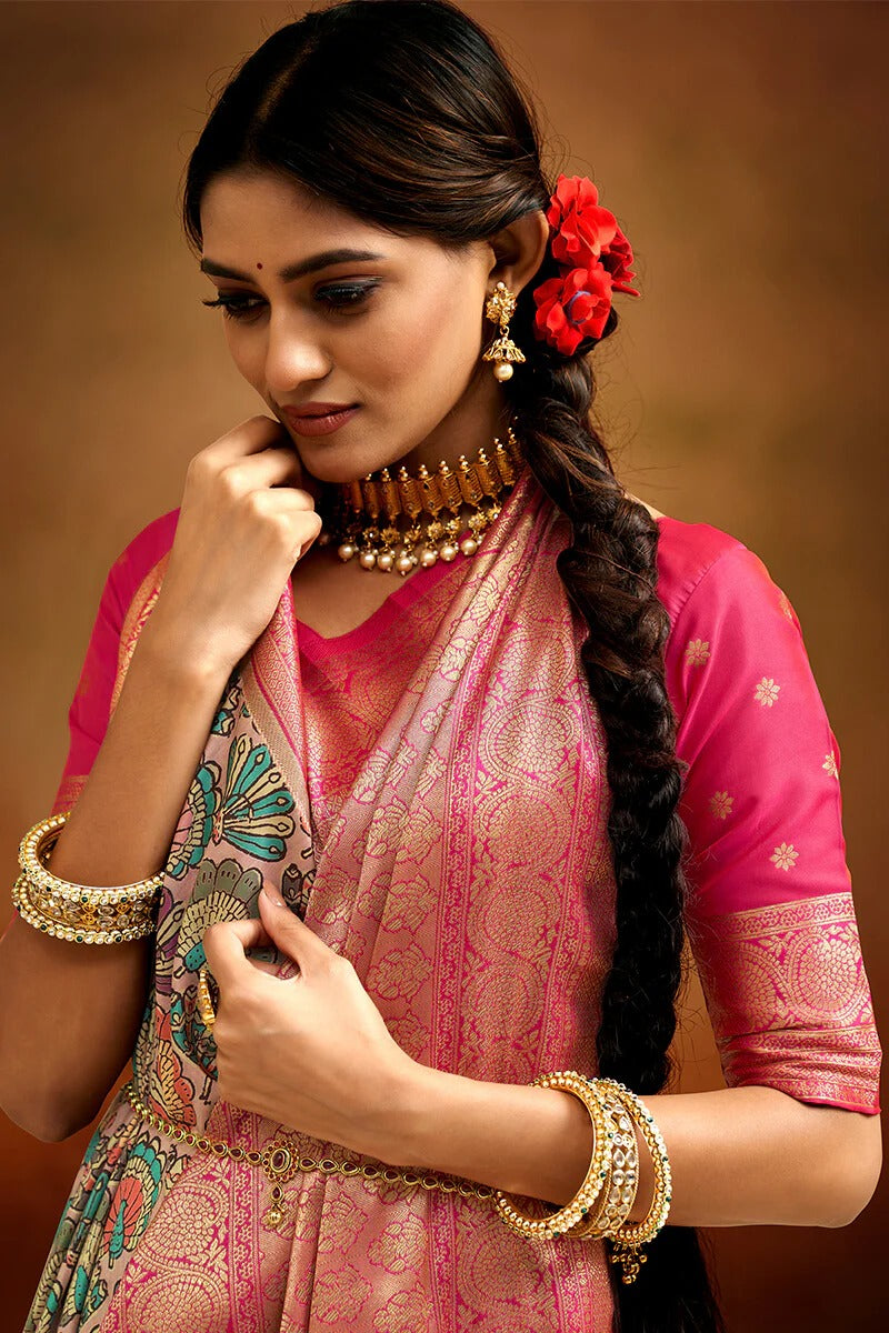 Moghra Russet Pink Banarasi Tussar Silk Woven Kalamkari Saree