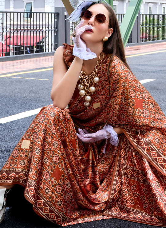 Next Generation Brown Ajrakh Satin Crepe Silk Printed Saree