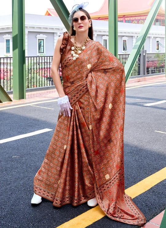 Next Generation Brown Ajrakh Satin Crepe Silk Printed Saree