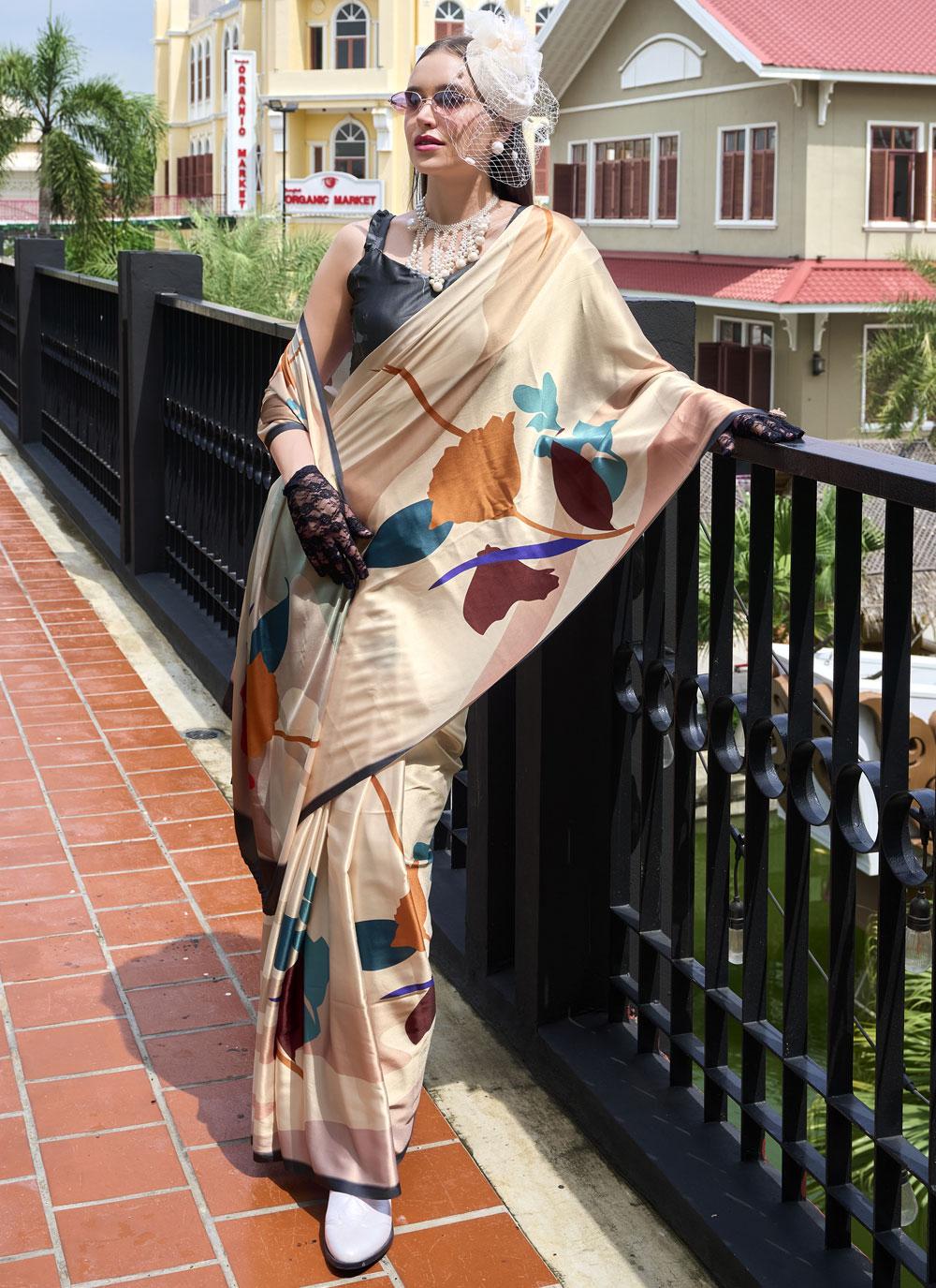 Next Ganeration Vanila Pure Satin Silk Digital Printed Saree