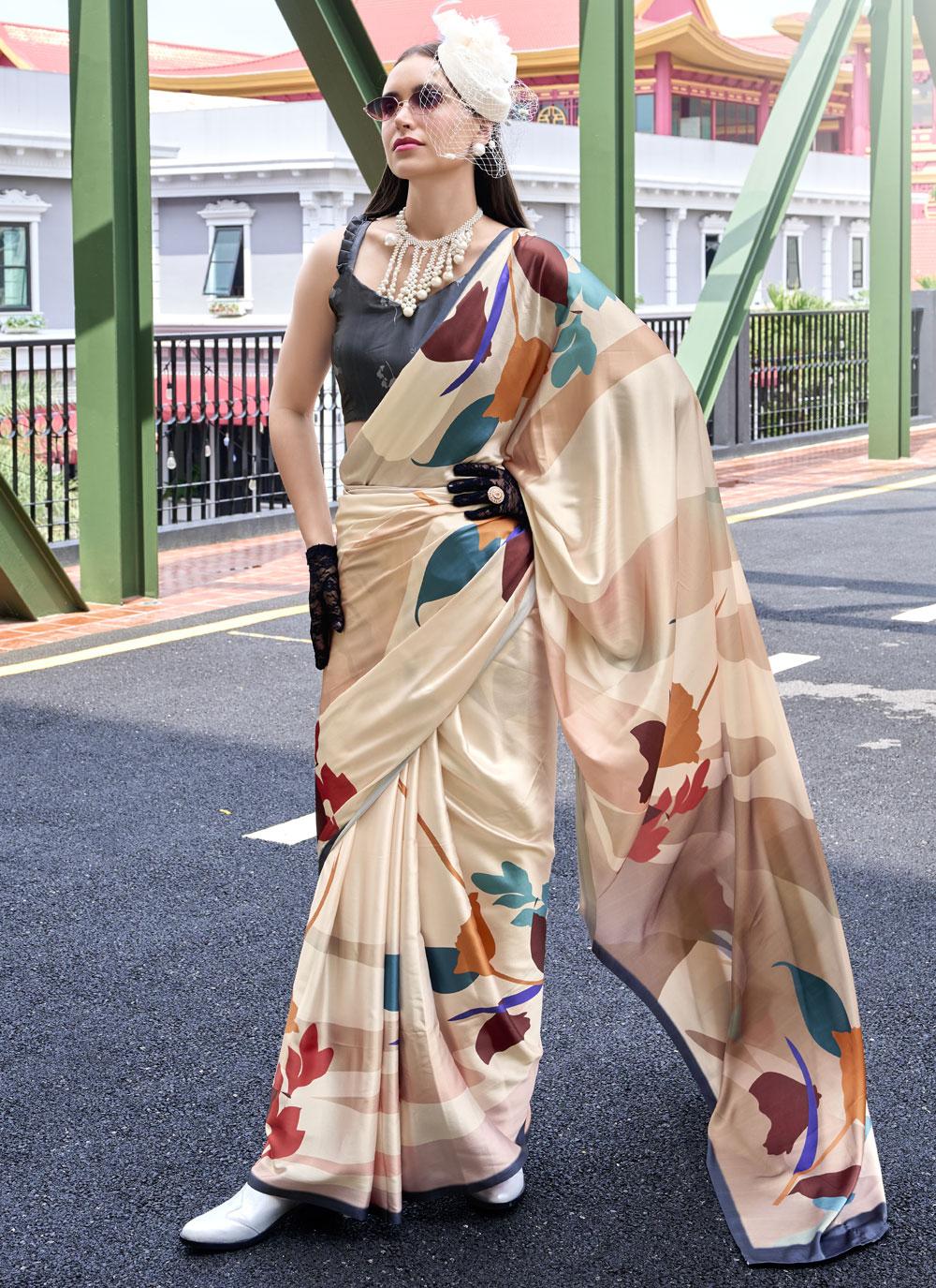 Next Ganeration Vanila Pure Satin Silk Digital Printed Saree