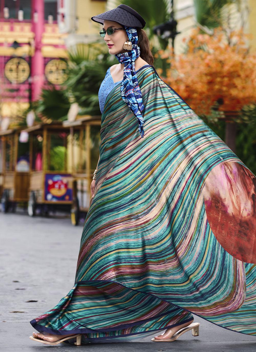 Next Ganeration Blue Pure Satin Silk Digital Printed Saree