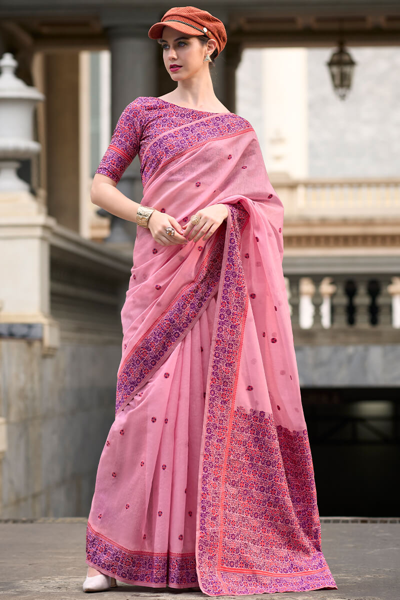 Prajanya Pink Pure Linen Silk Woven Saree