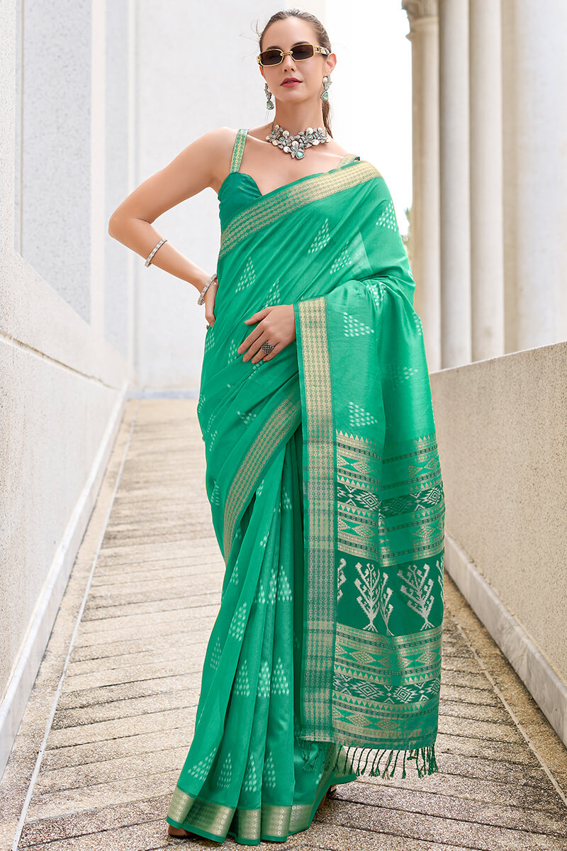 Egypt Aqua Green Banarasi Soft Silk Ikkat Weaving Saree