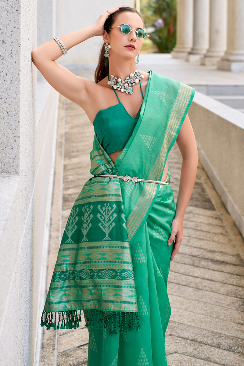 Egypt Aqua Green Banarasi Soft Silk Ikkat Weaving Saree
