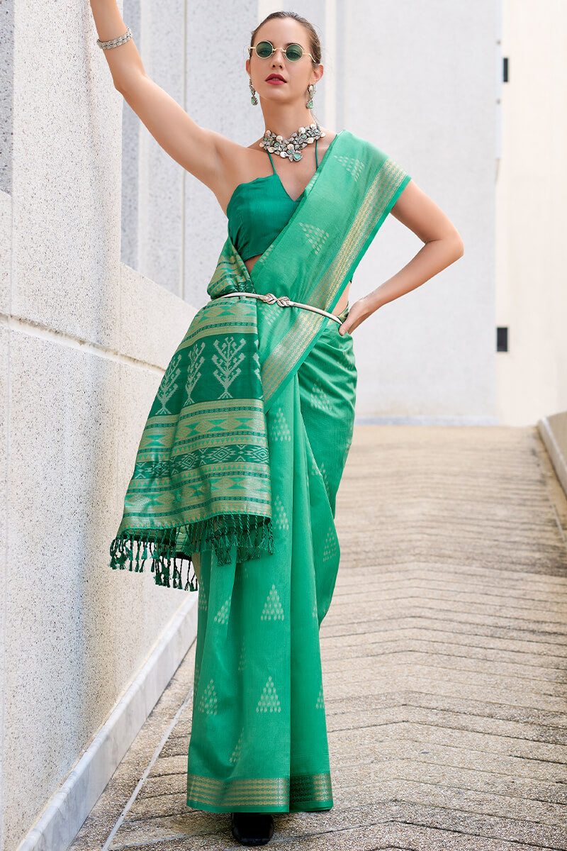 Egypt Aqua Green Banarasi Soft Silk Ikkat Weaving Saree