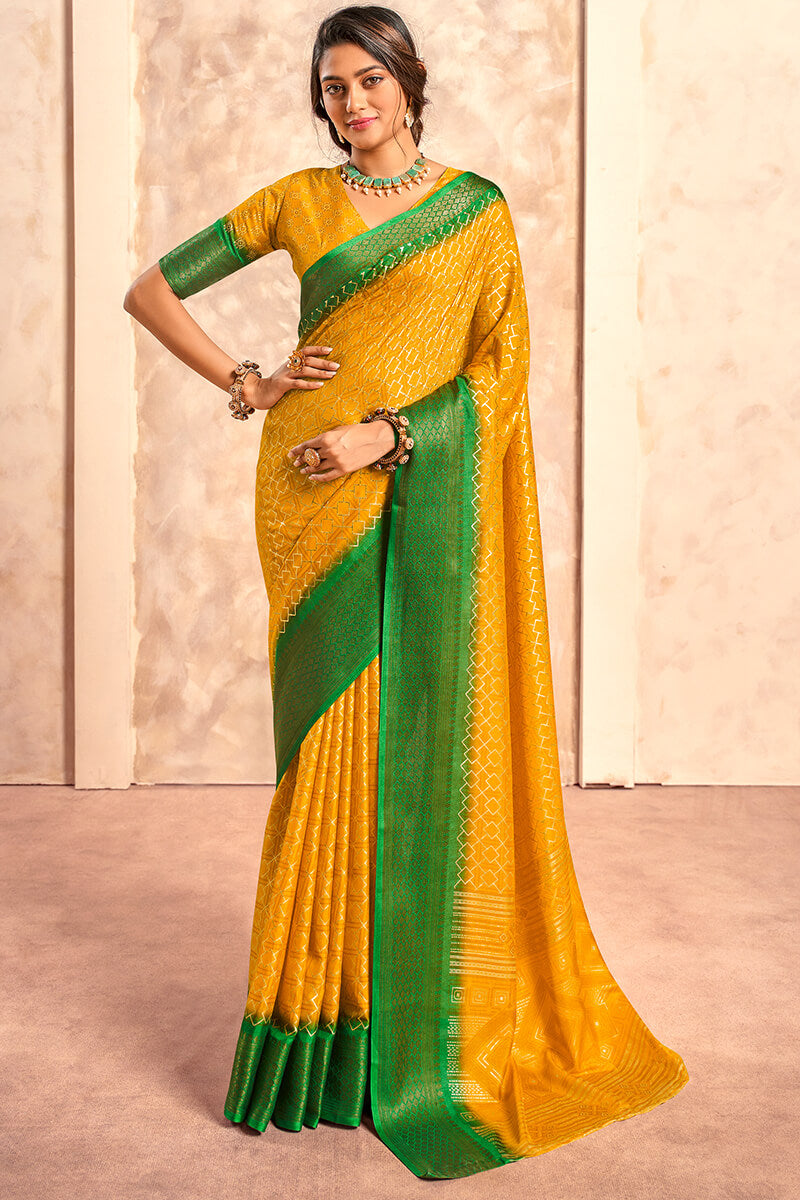 Celo Yellow Soft Dola Silk Foil Print With Jacquard Border Saree