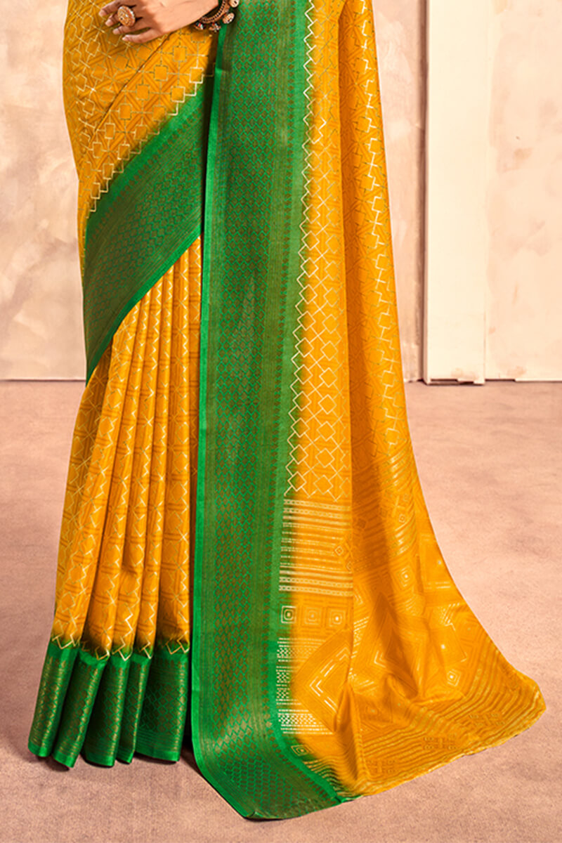 Celo Yellow Soft Dola Silk Foil Print With Jacquard Border Saree