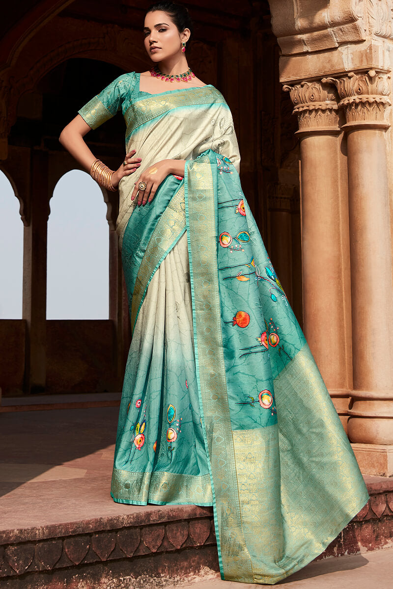 Creamy blue Weaving Handloom  Printed Silk Saree