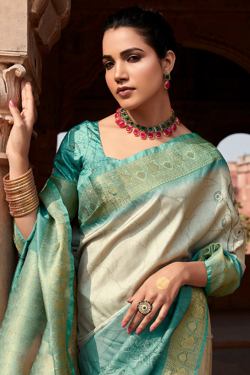 Creamy blue Weaving Handloom  Printed Silk Saree