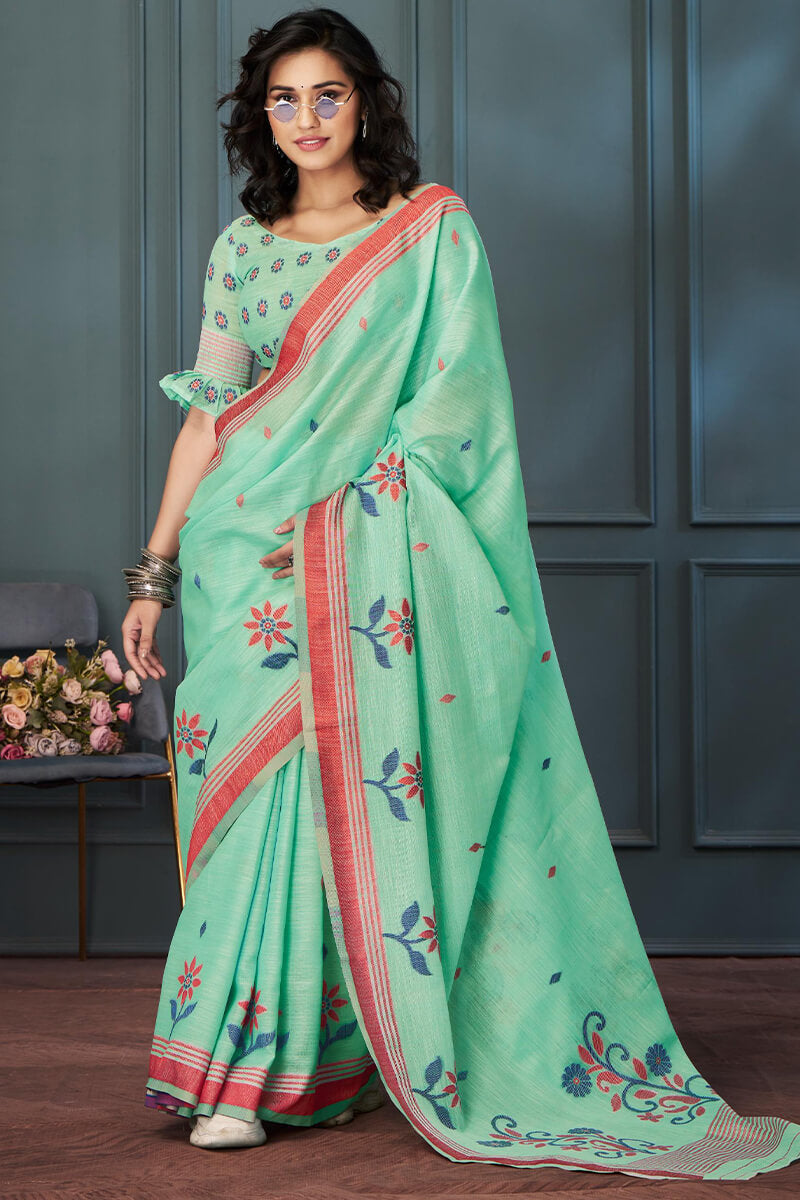 Rolex Green Handloom Linen Silk Weaving Saree