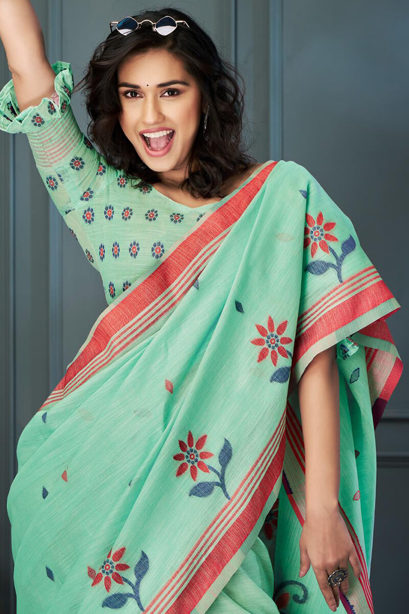 Rolex Green Handloom Linen Silk Weaving Saree