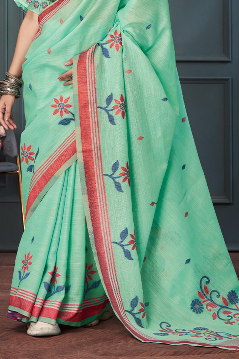 Rolex Green Handloom Linen Silk Weaving Saree