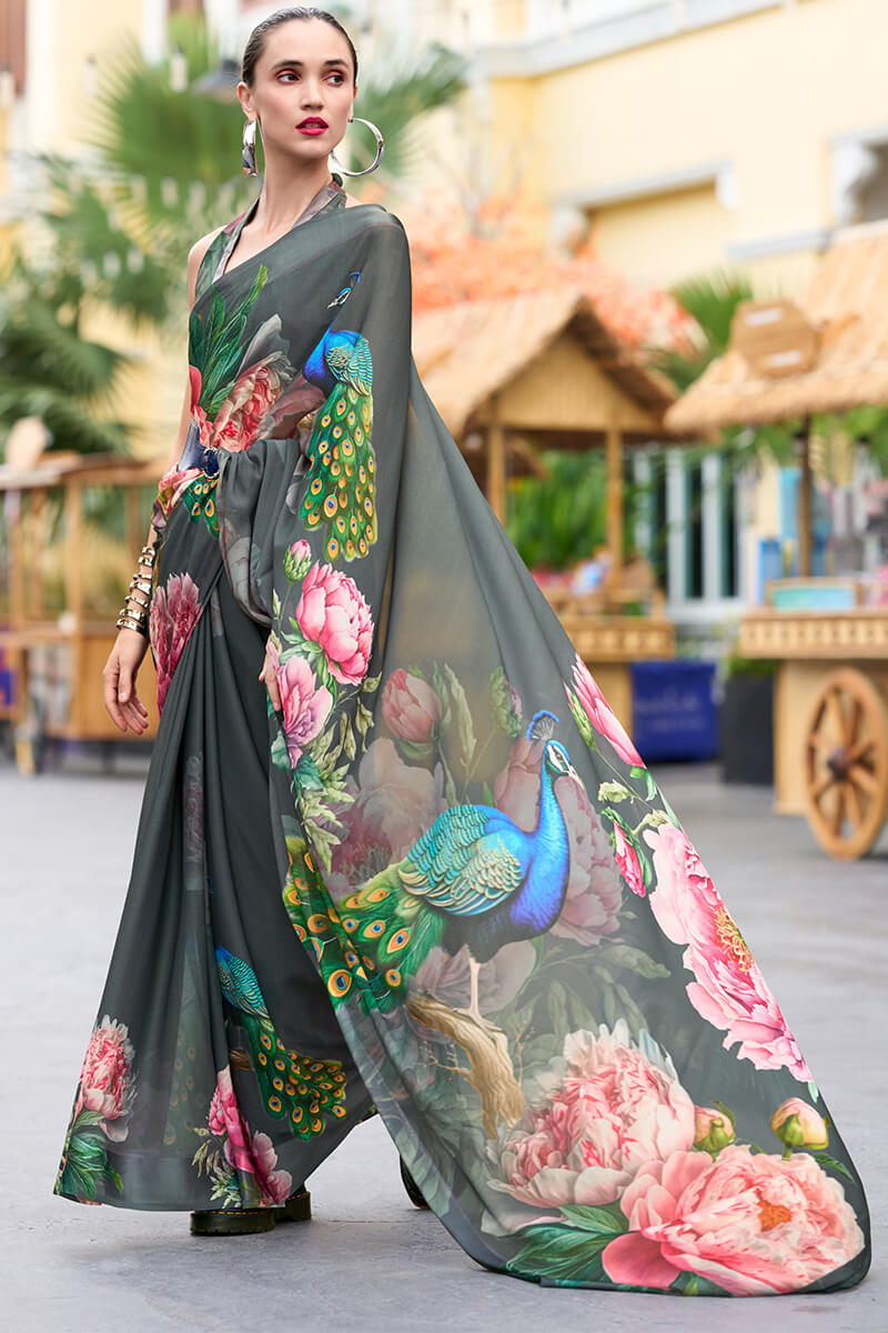 Sakira Grey Pure Georgette Printed Saree