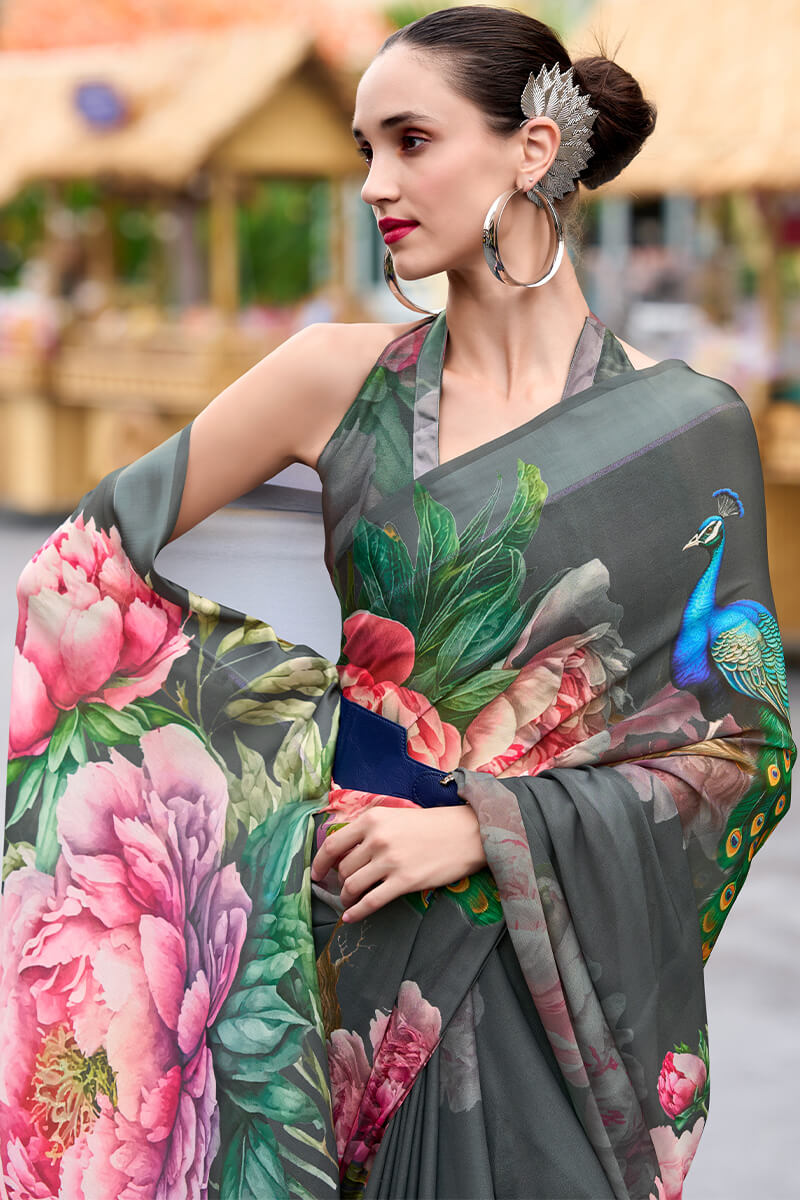 Sakira Grey Pure Georgette Printed Saree