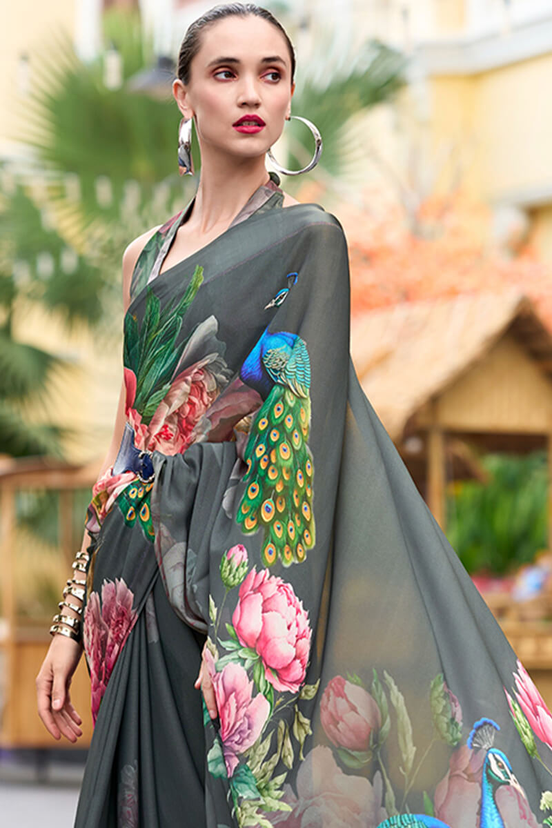 Sakira Grey Pure Georgette Printed Saree