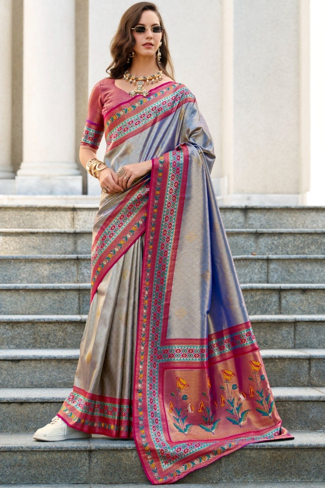 Rajkumari Blue Tissue Paithani Silk Zari Weaving Saree