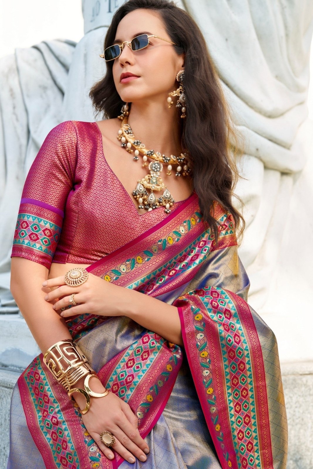 Rajkumari Blue Tissue Paithani Silk Zari Weaving Saree