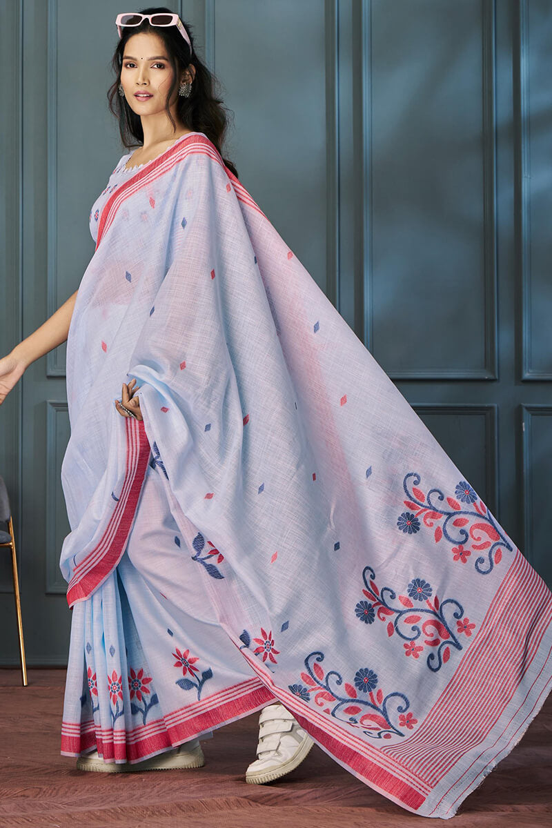 Rolex Blue Handloom Linen Silk Weaving Saree