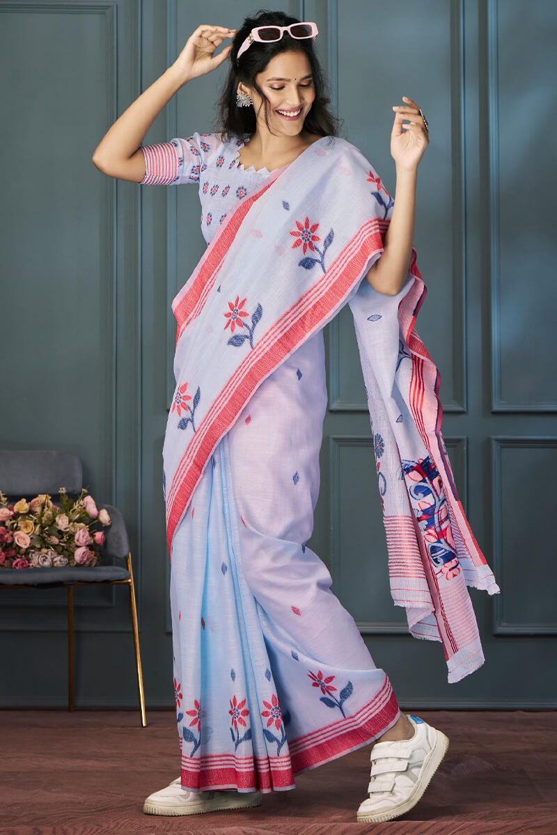Rolex Blue Handloom Linen Silk Weaving Saree