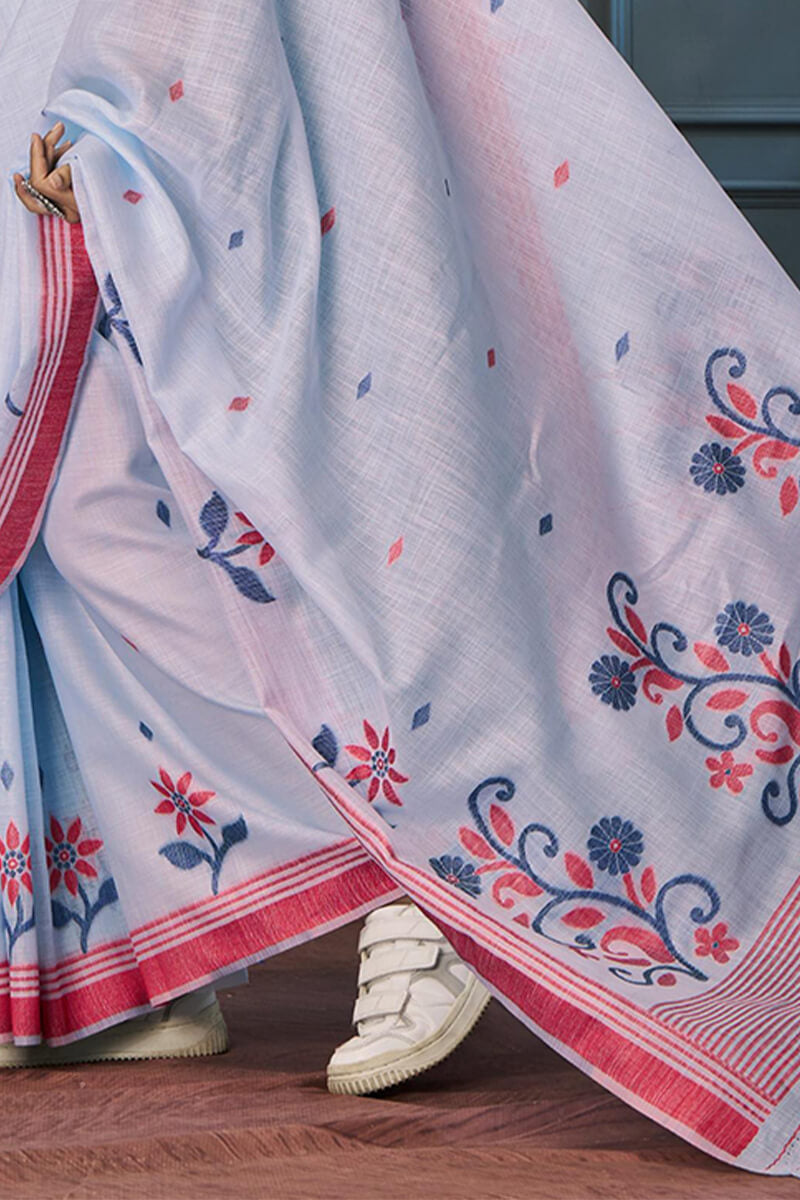Rolex Blue Handloom Linen Silk Weaving Saree