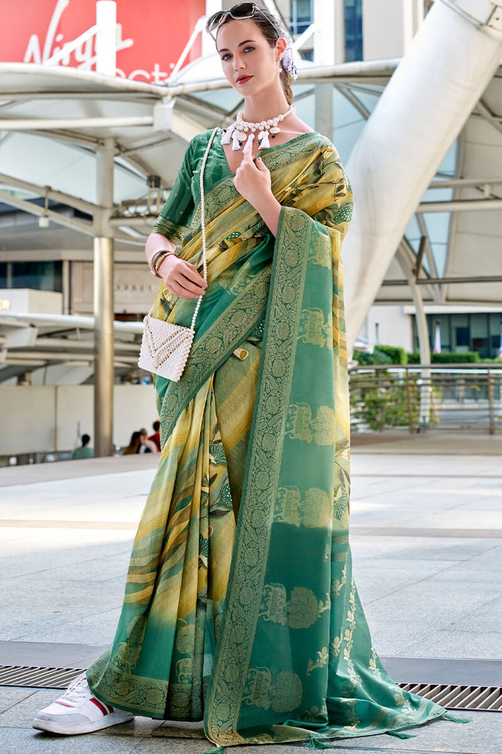 Pichwai Saga Green Modal Silk Digital Print Zari Weaving Saree
