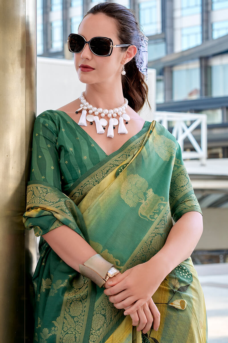 Pichwai Saga Green Modal Silk Digital Print Zari Weaving Saree