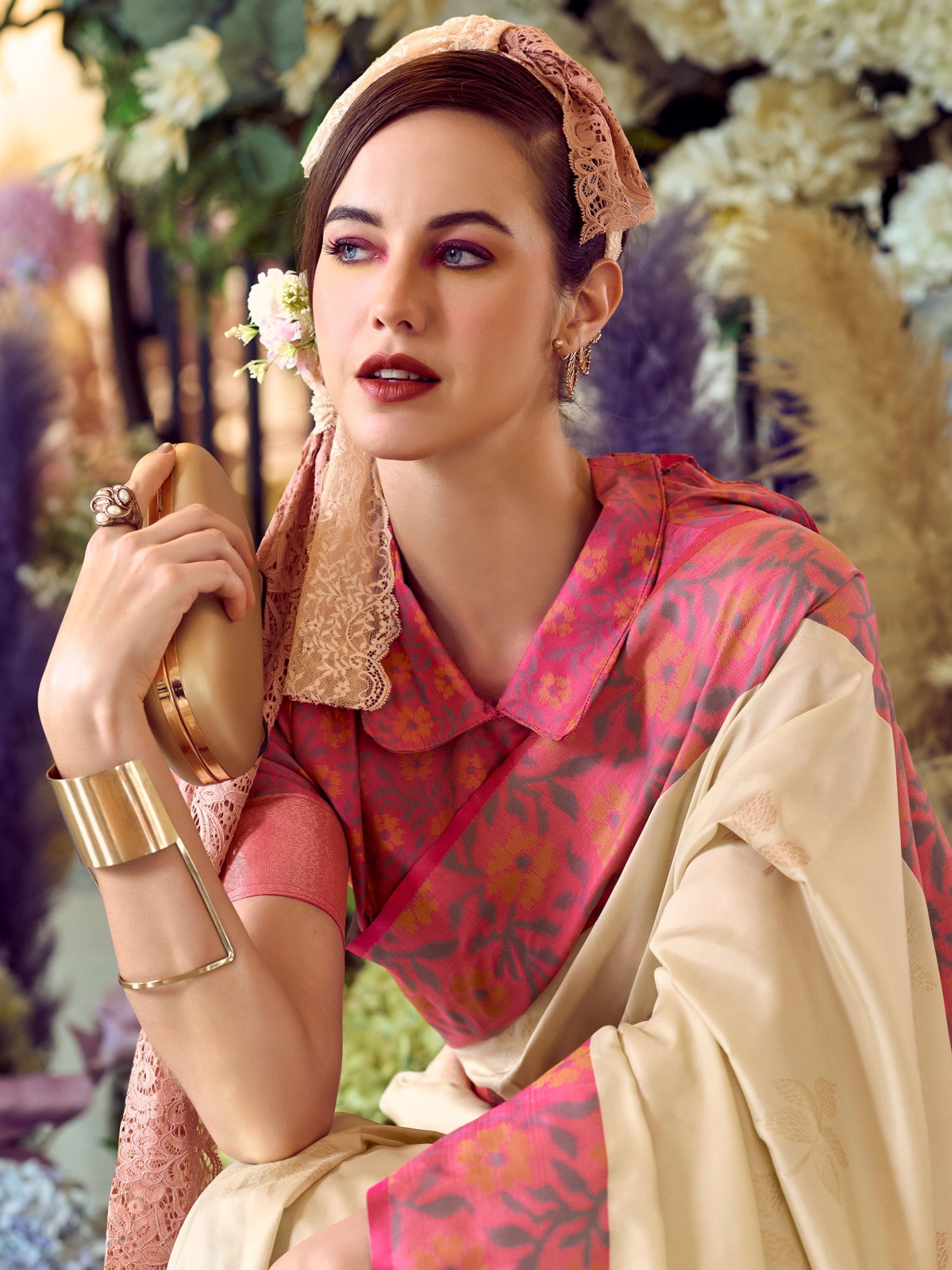 Martin Cream Soft Silk Floral Printed With Ikkat Border Saree