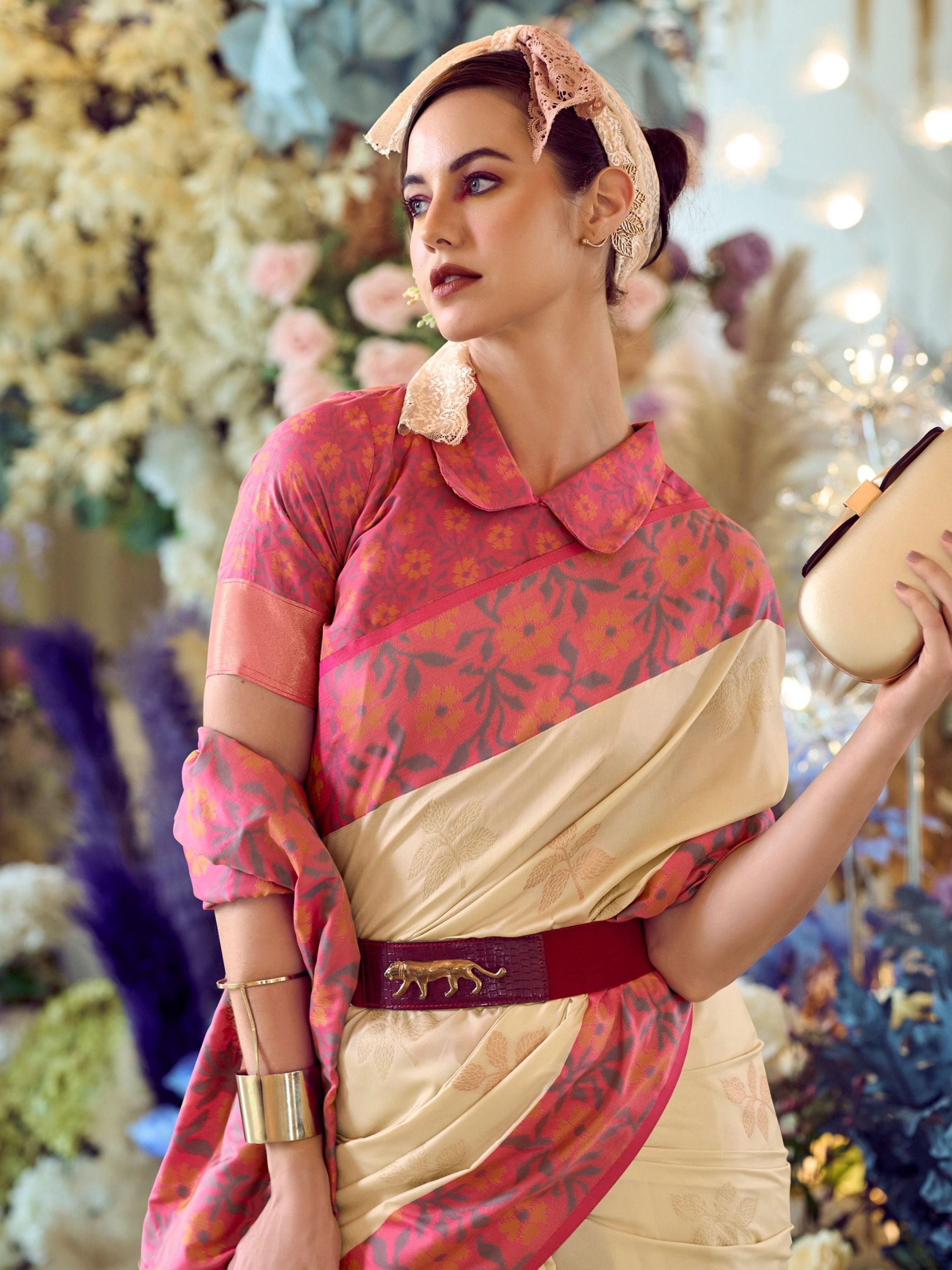 Martin Cream Soft Silk Floral Printed With Ikkat Border Saree