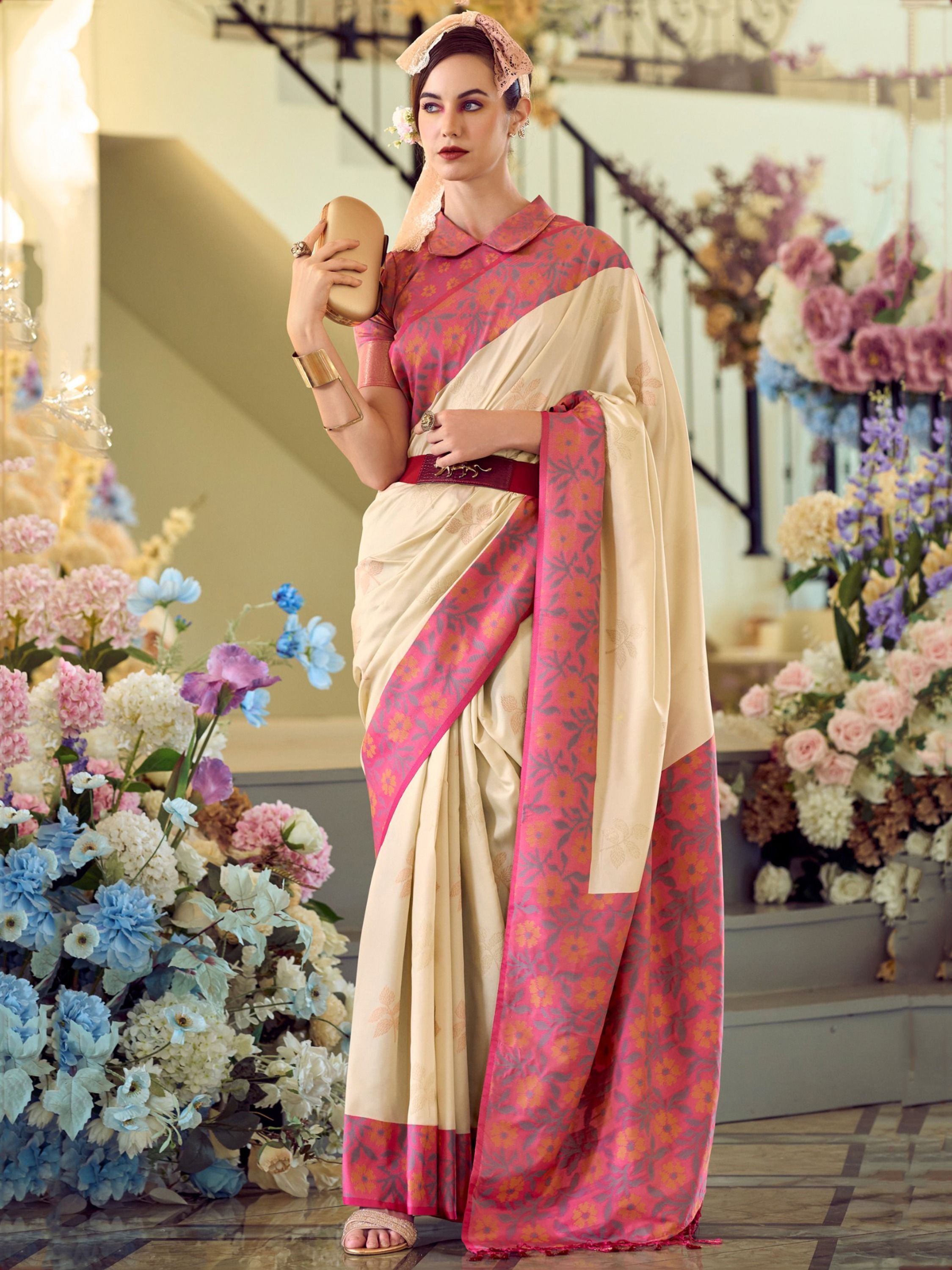Martin Cream Soft Silk Floral Printed With Ikkat Border Saree