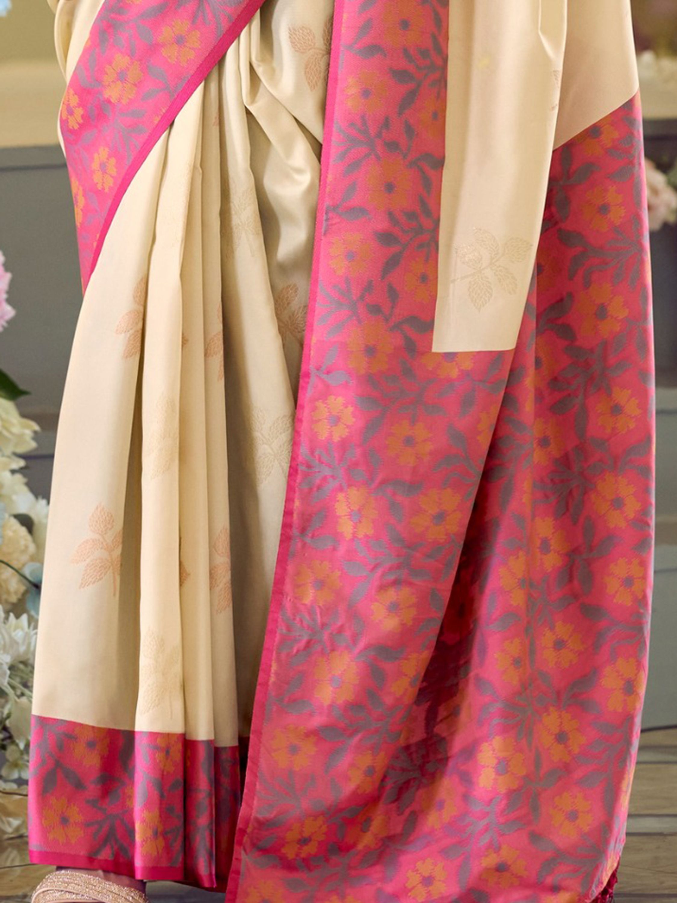 Martin Cream Soft Silk Floral Printed With Ikkat Border Saree