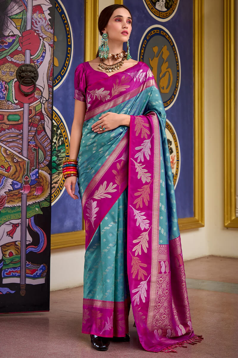 Leaf Azure Blue Pure Banarasi Soft Silk Woven Saree