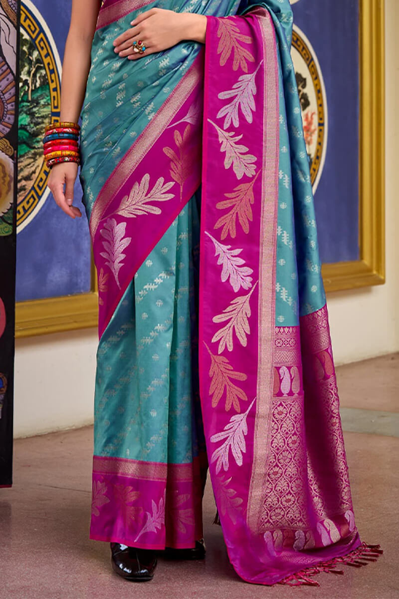Leaf Azure Blue Pure Banarasi Soft Silk Woven Saree