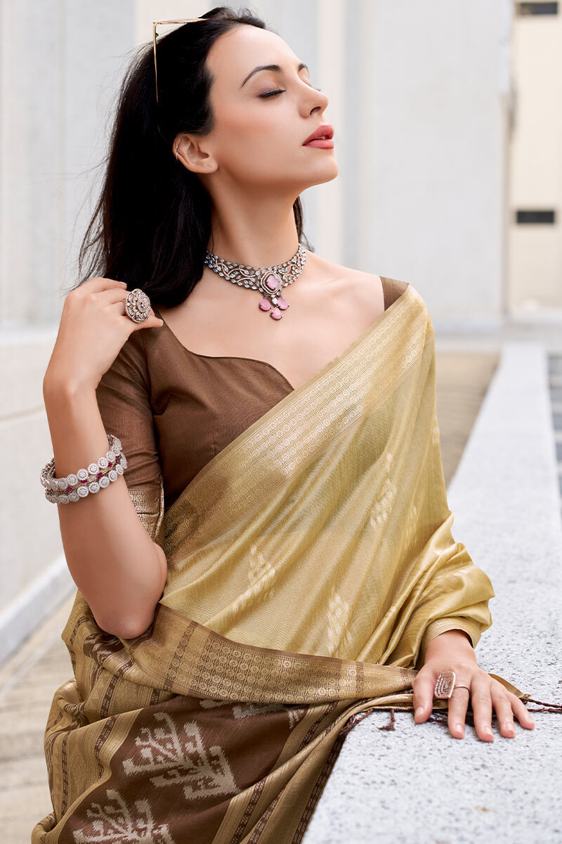 Egypt Brown Banarasi Soft Silk Ikkat Weaving Saree