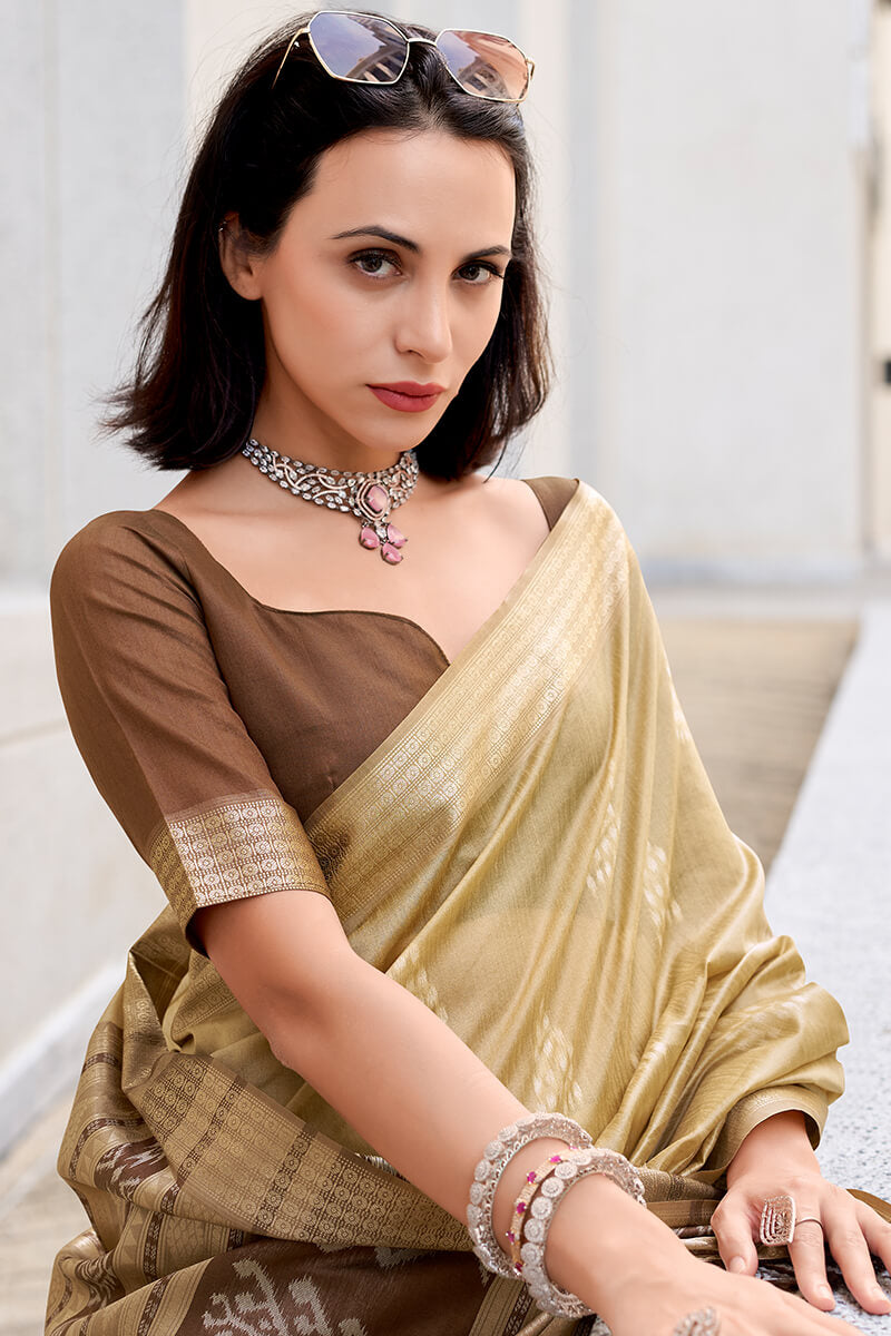 Egypt Brown Banarasi Soft Silk Ikkat Weaving Saree