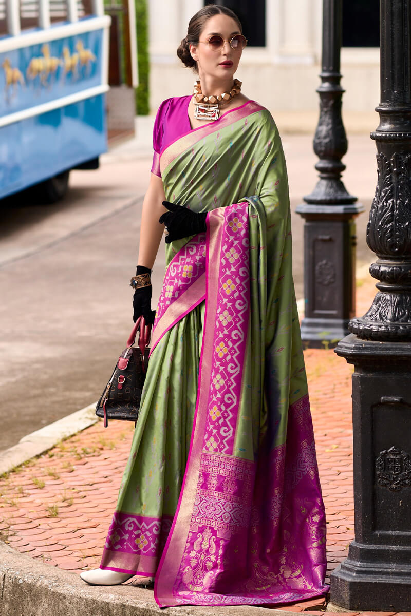 Pyramid Spanish Green Banarasi Soft Silk Ikkat Border Saree